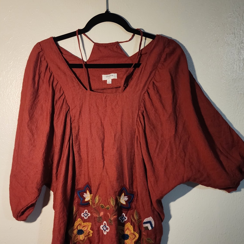 Umgee Brown and Red Embellished 3/4 Sleeve Blouse